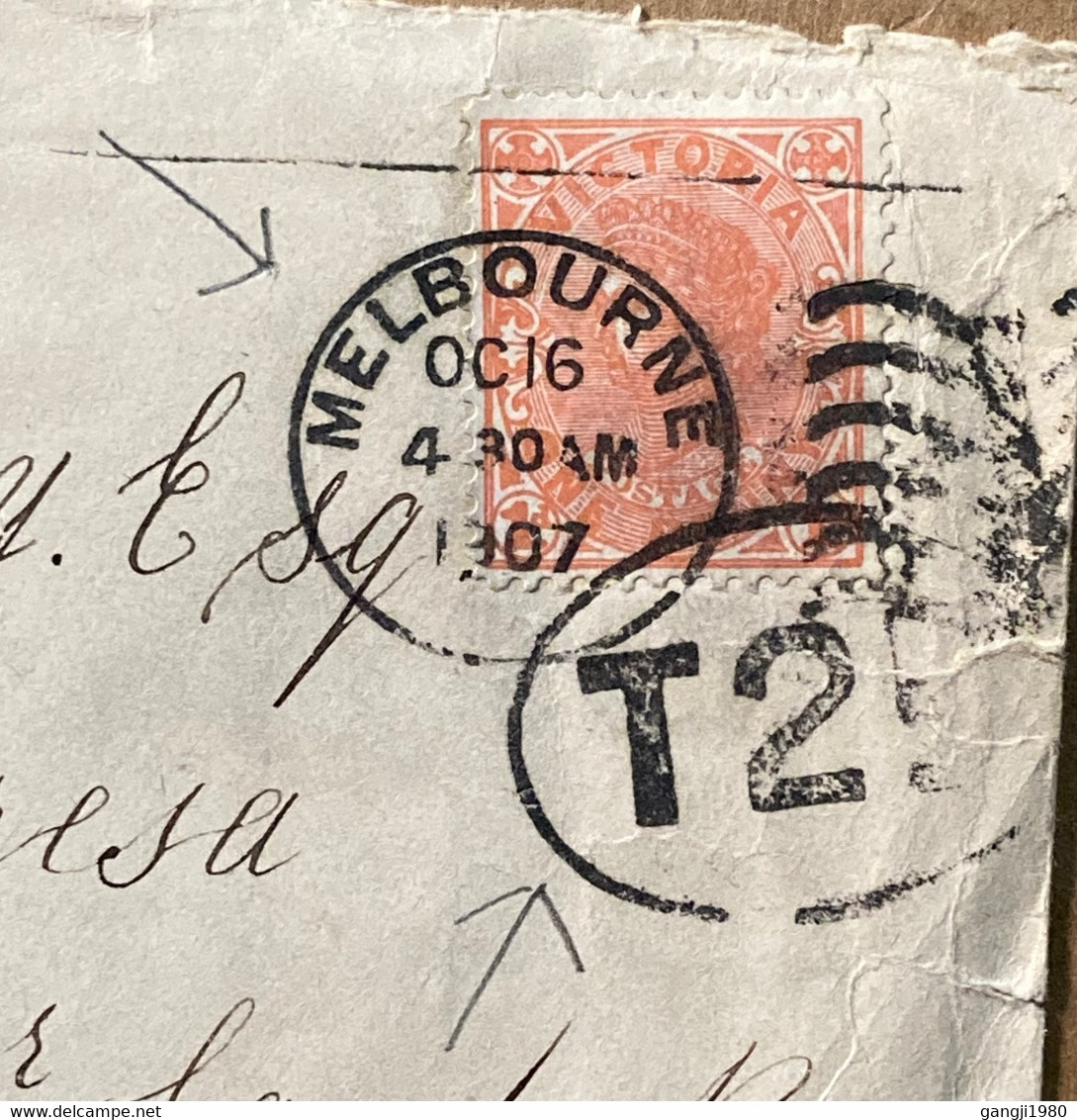 AUSTRALIA-VICTORIA STATE-1907, COVER USED MELBOURNE TO TASMANIA, "T 25" IN CIRCLE, TAX,DUE,  HOBART CITY CANCEL. - Covers & Documents