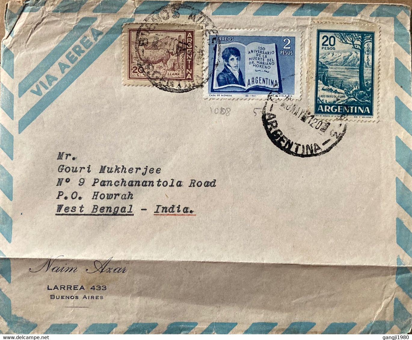 ARGENITA 1961, COVER USED TO INDIA, 1959 LAKE NAHUEL HUAPI, LIAMA ANIMAL, 1961 DR. M. MARENO, 3 DIFF. STAMPS, BUNEOS AIR - Cartas & Documentos