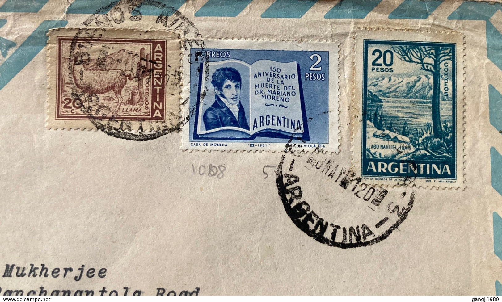 ARGENITA 1961, COVER USED TO INDIA, 1959 LAKE NAHUEL HUAPI, LIAMA ANIMAL, 1961 DR. M. MARENO, 3 DIFF. STAMPS, BUNEOS AIR - Lettres & Documents