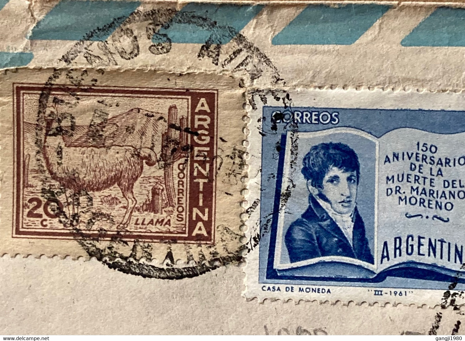 ARGENITA 1961, COVER USED TO INDIA, 1959 LAKE NAHUEL HUAPI, LIAMA ANIMAL, 1961 DR. M. MARENO, 3 DIFF. STAMPS, BUNEOS AIR - Lettres & Documents