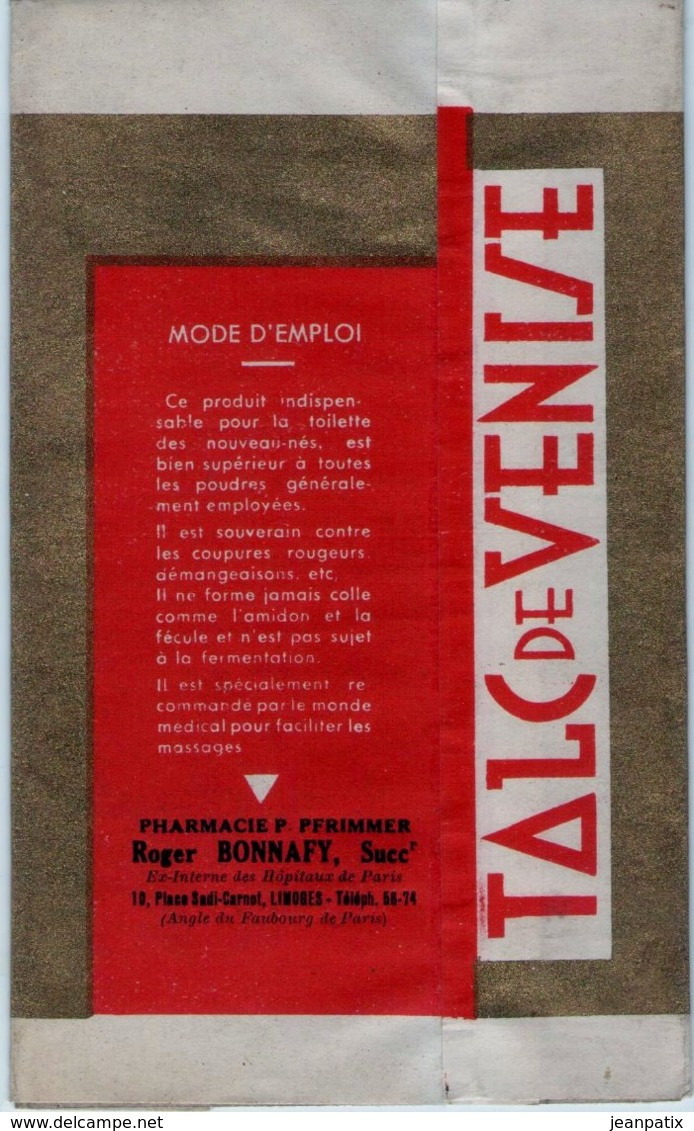 Boite Carton Pharmacie - Non Dépliée - Talc De Venize - Pharmacie BONNAFY - LIMOGES - Matériel Médical & Dentaire