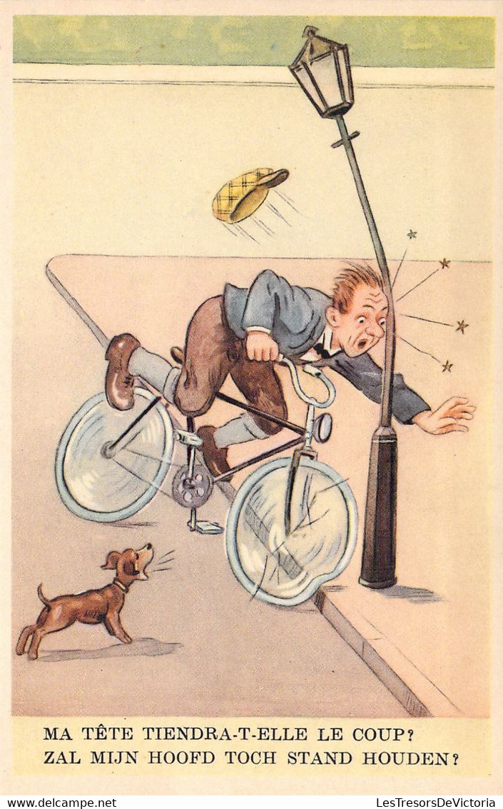 HUMOUR - Ma Tête Tiendra T'elle Le Coup? - Tête Dans Le Lampadaire - Chien - Chute En Vélo - Carte Postale Ancienne - Humor