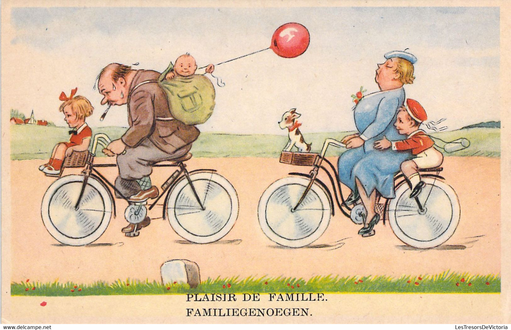 HUMOUR - Plaisir De Famille - Sortie En Vélo - Ballon Rouge - Enfants - Carte Postale Ancienne - Humor