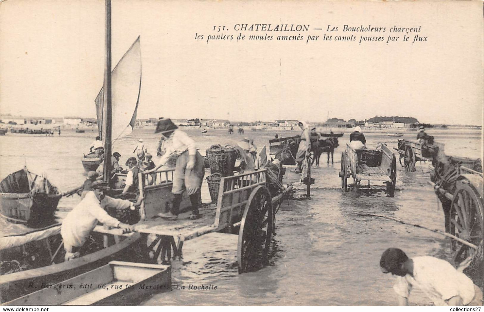 17-CHATELAILLON- LES BOUCHOLEURS CHARGENT LES PANIERS DE MOULE AMENES PAR LES CANOTS POUSES PAR LE FLUX - Châtelaillon-Plage