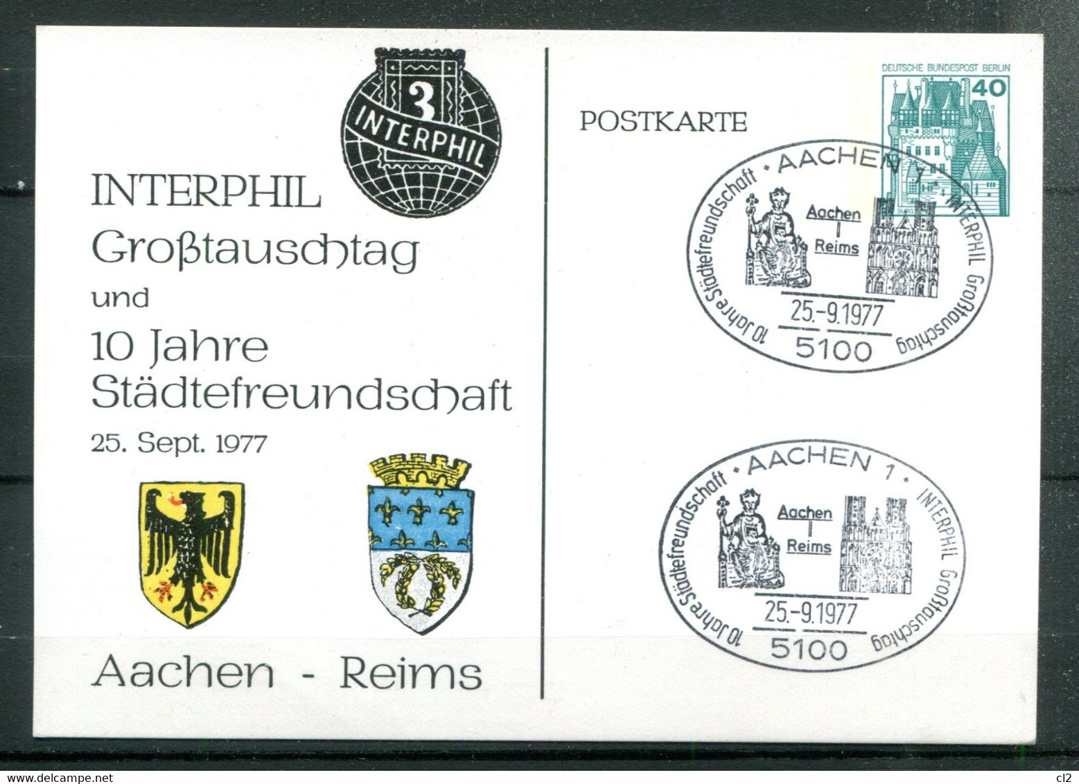 25.9.1977 - Interphil Grosstauschtag Und 10 Jahre Städttefreundschaft Aachen- Reims - Privatpostkarten - Gebraucht