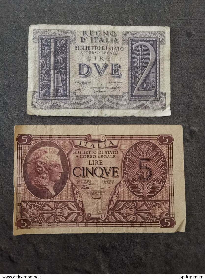 LOT 2 BILLETS : 2 LIRE 1939 + 5 LIRE 23 11 1944 WW2 ITALIE / ITALIA BANKNOTE - Verzamelingen