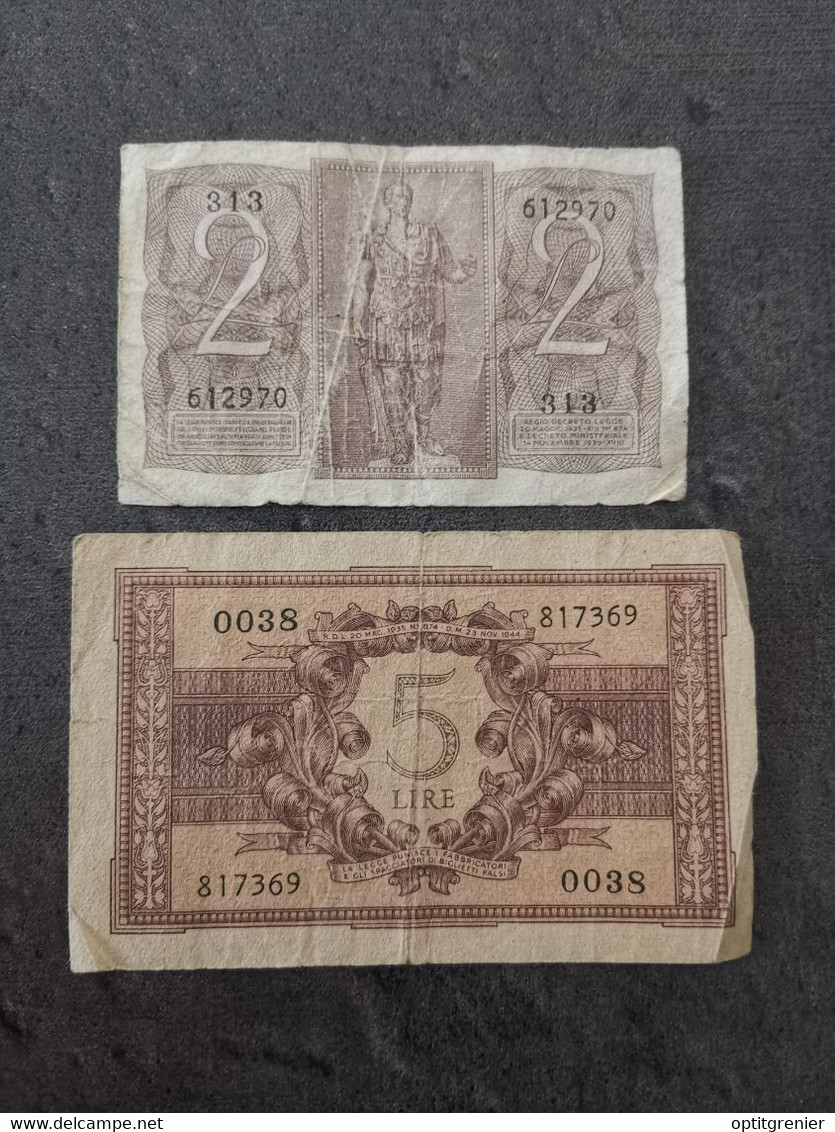 LOT 2 BILLETS : 2 LIRE 1939 + 5 LIRE 23 11 1944 WW2 ITALIE / ITALIA BANKNOTE - Collections