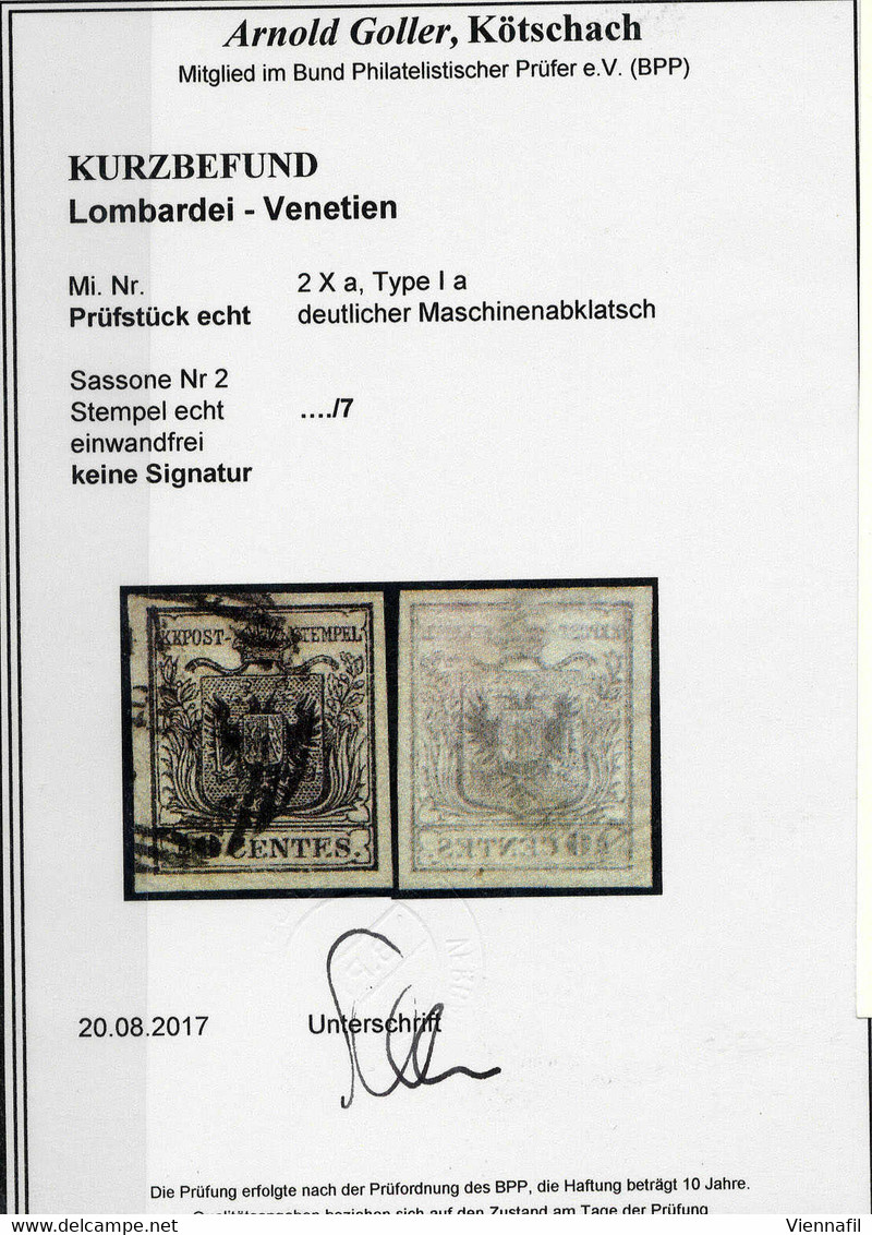 O 1850, 10 Cent. Nero, Sottotipo A, "decalco", Cert. Goller (Sass. 2f) - Lombardije-Venetië