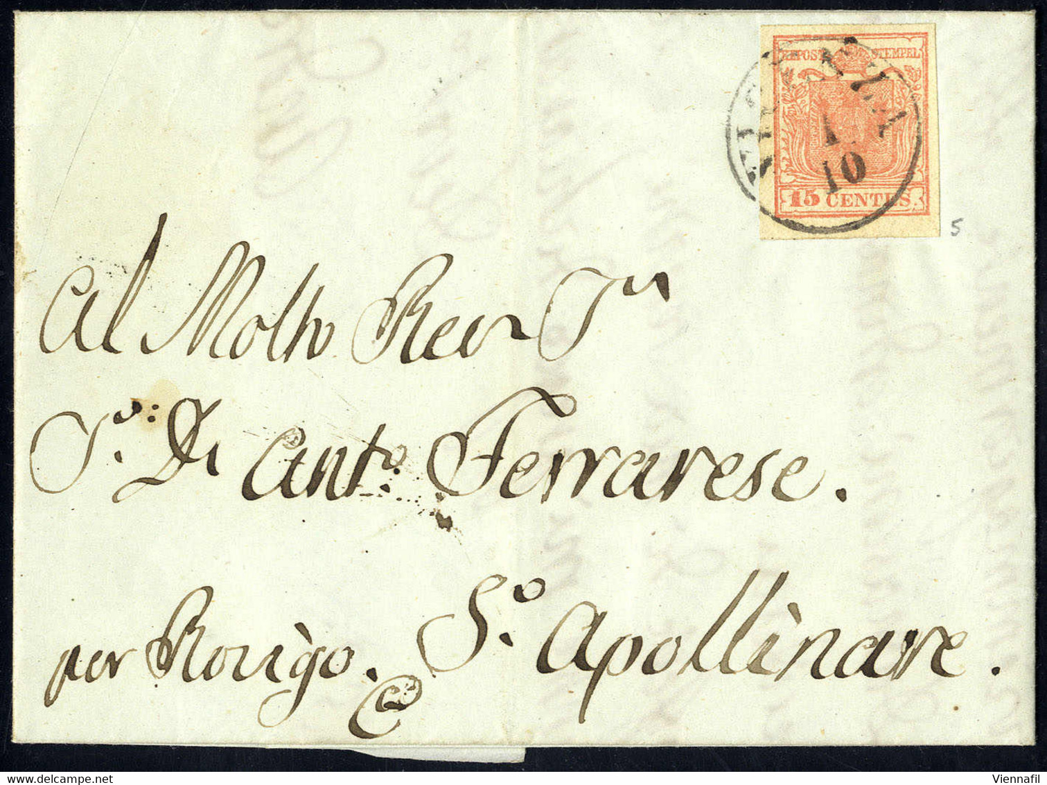 Cover 1850, 15 Cent. Rosa. Secondo Tipo Su Lettera Da Vicenza (Sass. 5 - ANK 3HII) - Lombardije-Venetië