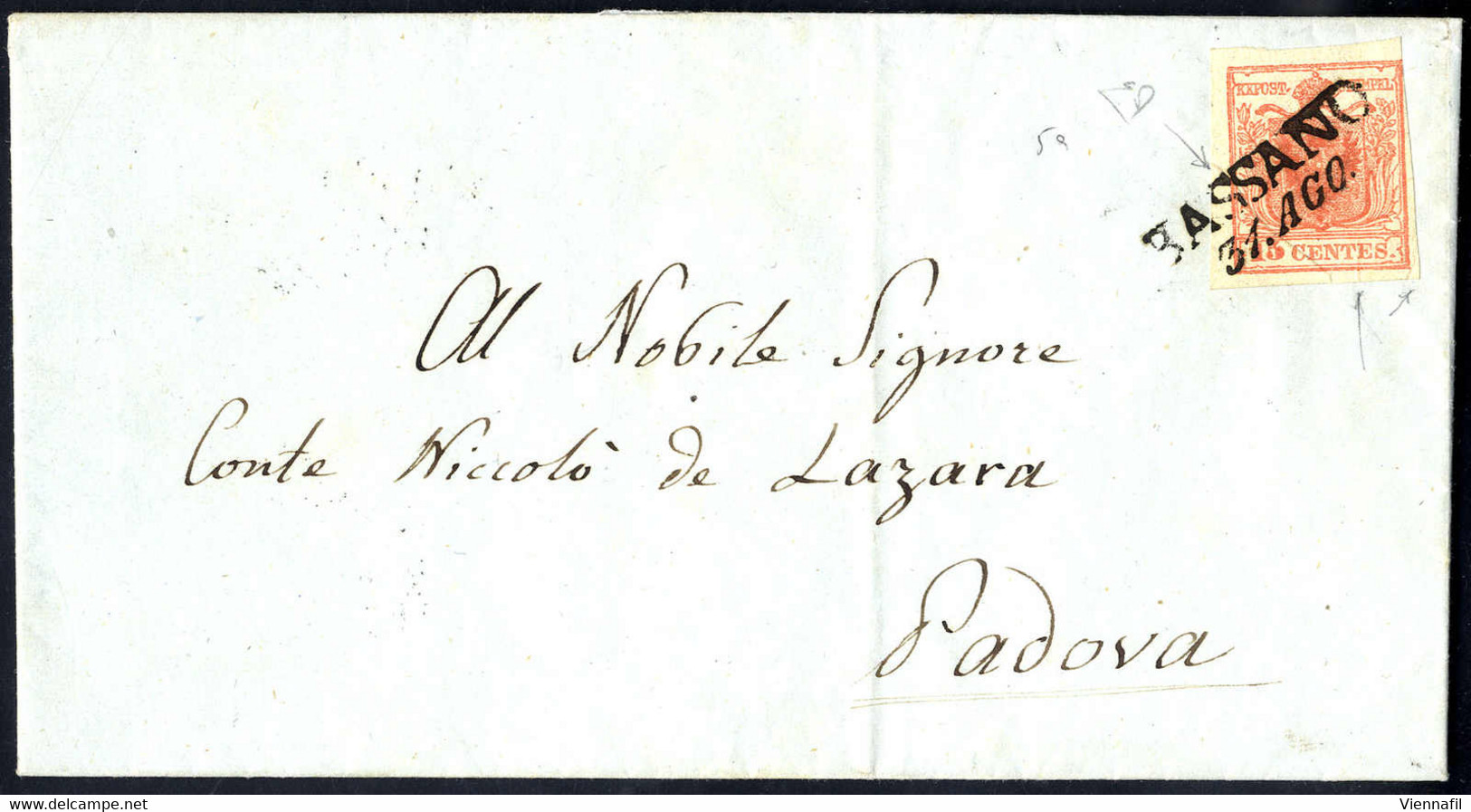 Cover 1854, "Pieghe Di Carta", 15 Cent. Rosa Carminio ,tre Pieghe Di Carta, Su Lettera Da Bassano 31.8.1851 Per Padova,  - Lombardy-Venetia