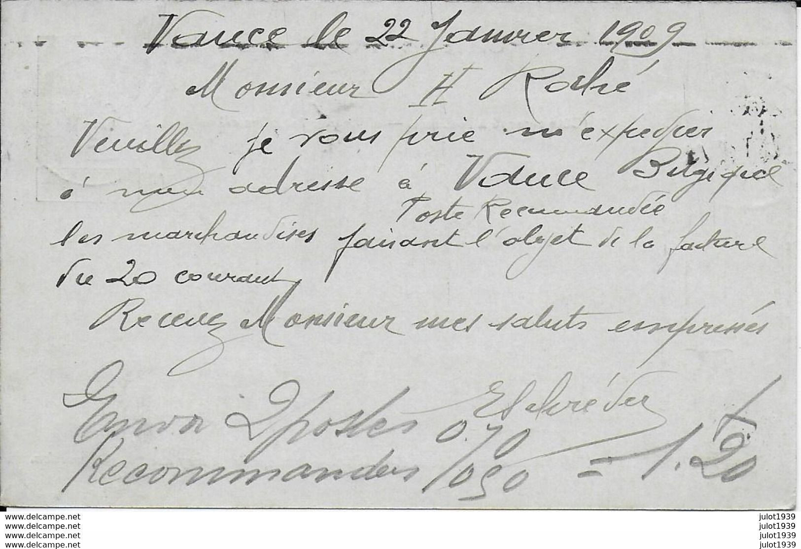 VANCE ..-- ETALLE ..--  1909 . Demande D' Envoi De E. SCHREDER Vers PARIS ( Mr H. ROCHE ) . Voir Verso . - Etalle