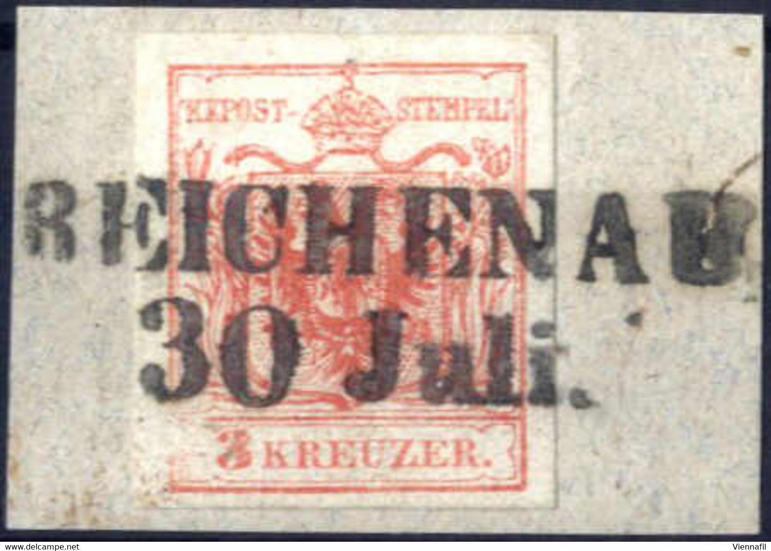 Piece "Reichenau", (Müller 2334a - 12 Punkte) Auf Briefstück Mit 3 Kr. Rot, ANK 3 - Andere & Zonder Classificatie