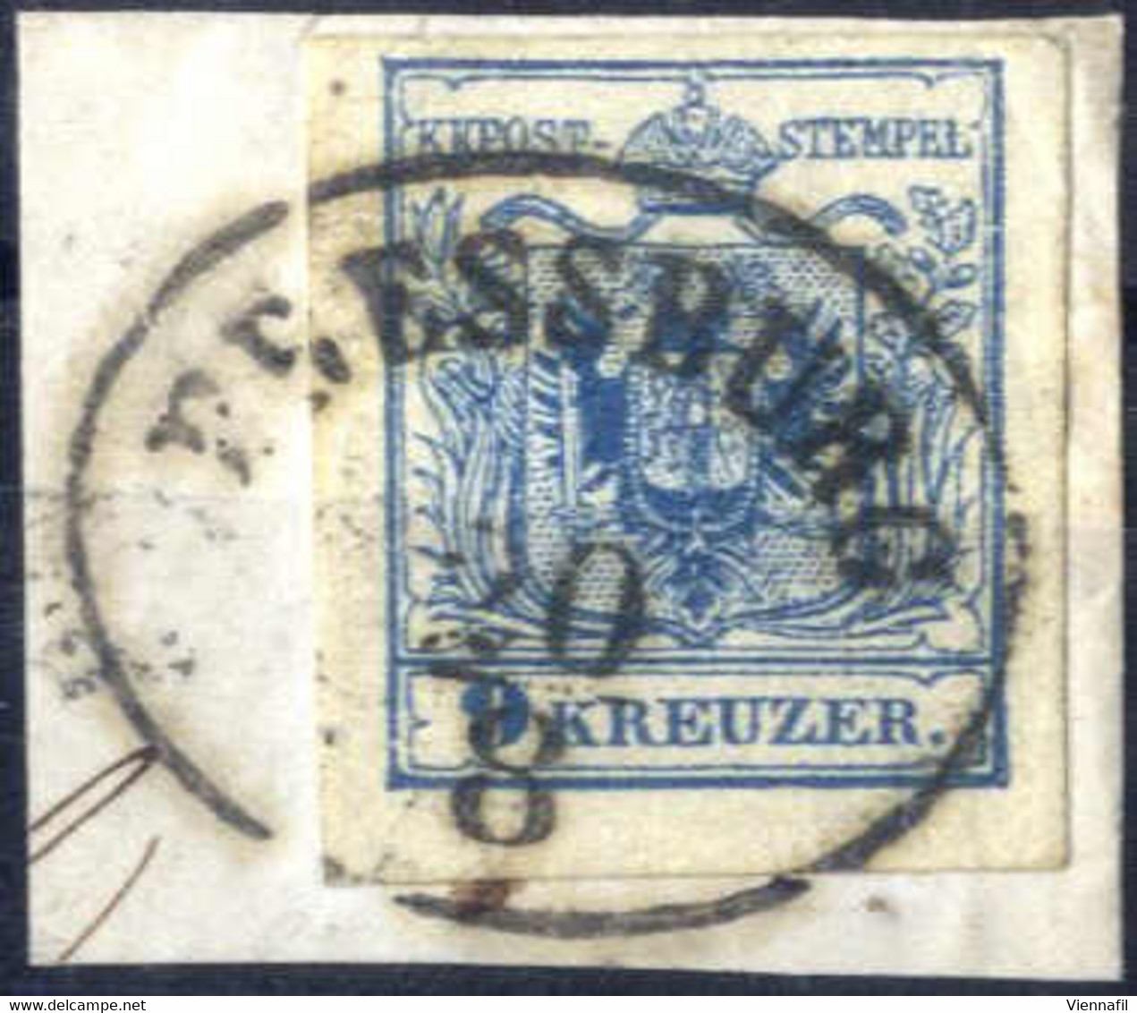 Piece "Pressburg", (Müller 2250e - 6 Punkte) Auf Briefstück Mit 9 Kr. Blau, ANK 5 - Autres & Non Classés