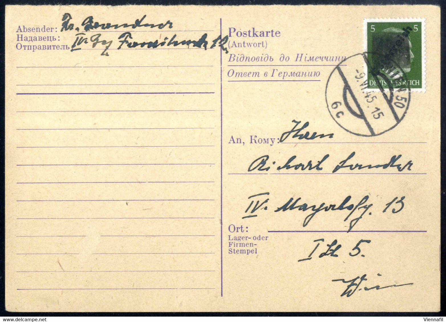 Cover 1945, I Wiener Aushilfsausgabe, Karte Mit Klecksstempel Auf 5 Pf Grün Auf Ostarbeiter-Antwortkarte 6 Pf Von Wien 5 - Sonstige & Ohne Zuordnung