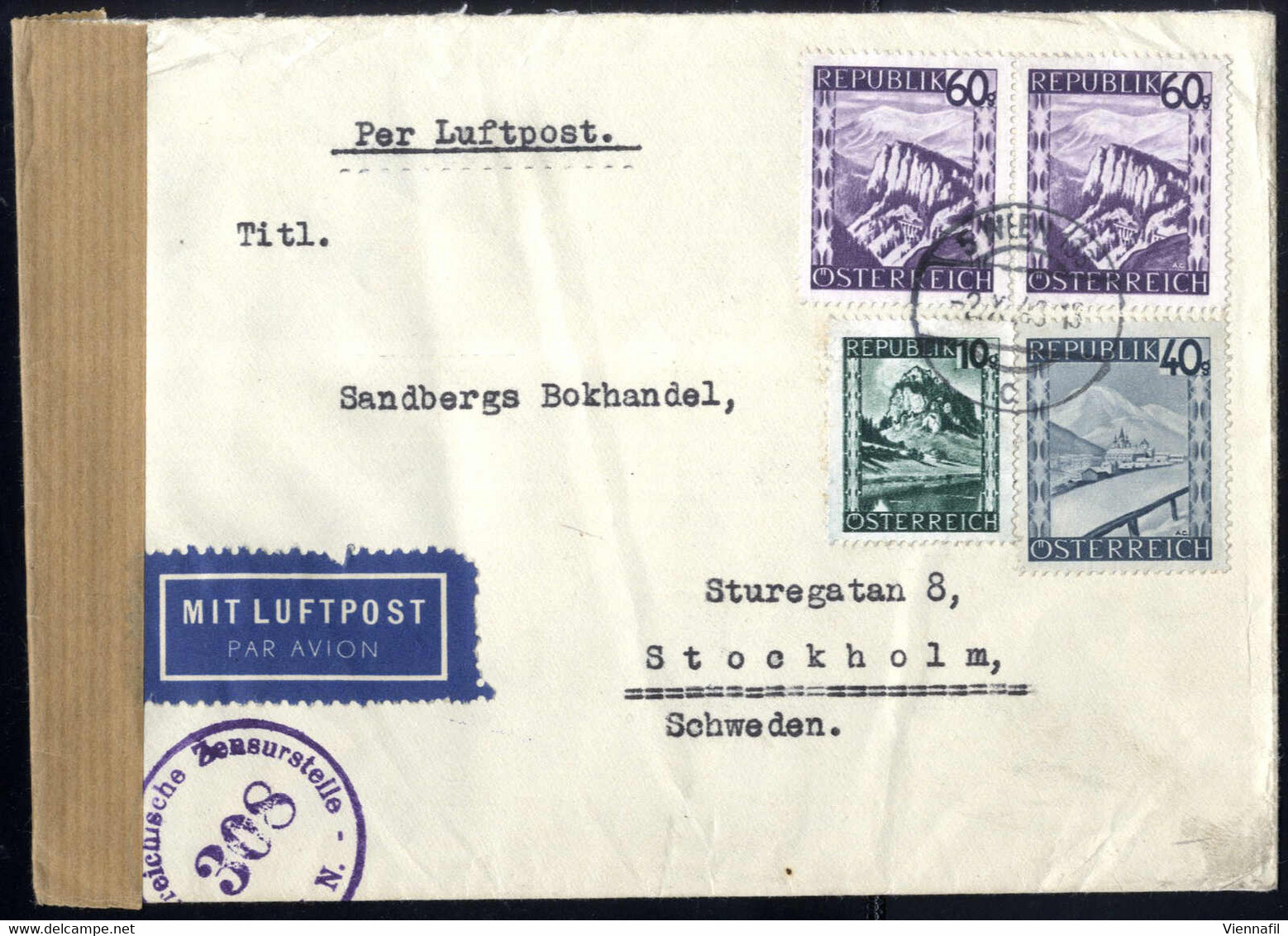 Cover 1946, WIEN 133, Luftpostbrief Nach Stockholm (Schweden), Portogerecht Frankiert Mit Landschaften 10 G., 40 G. Und  - Andere & Zonder Classificatie