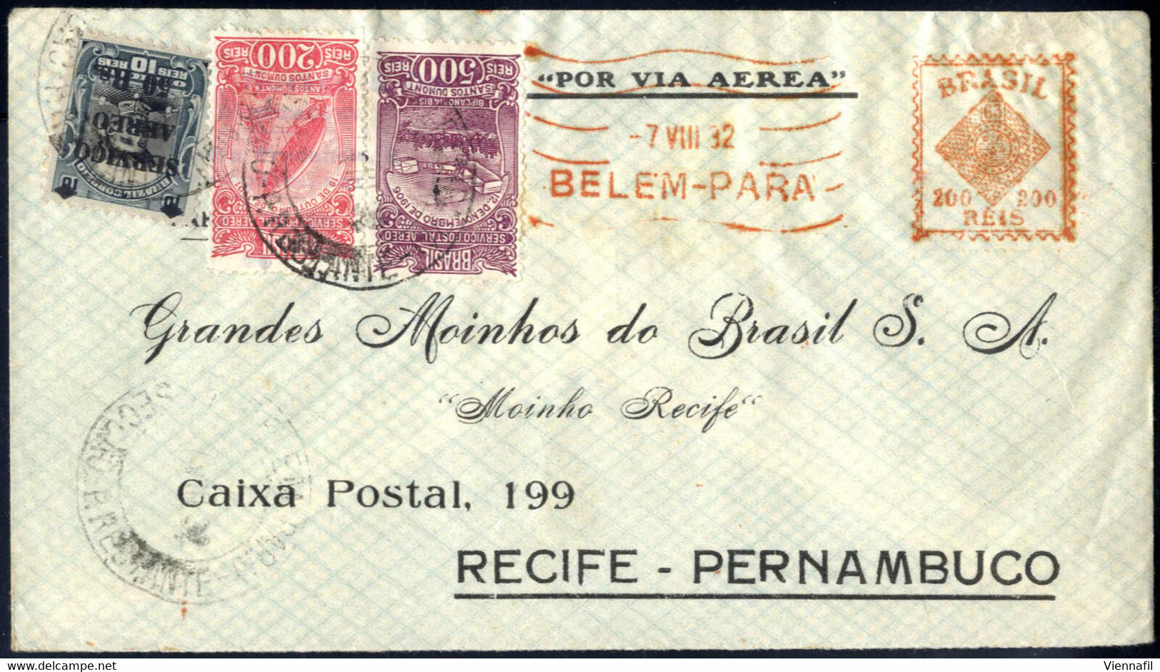 Cover 1932, Luftpostbrief Von Belem Am 7.8. Nach Pernambuco Frankiert Durch "Servicio Aereo" 50 R. Auf 10 R. Und Flugpos - Andere & Zonder Classificatie