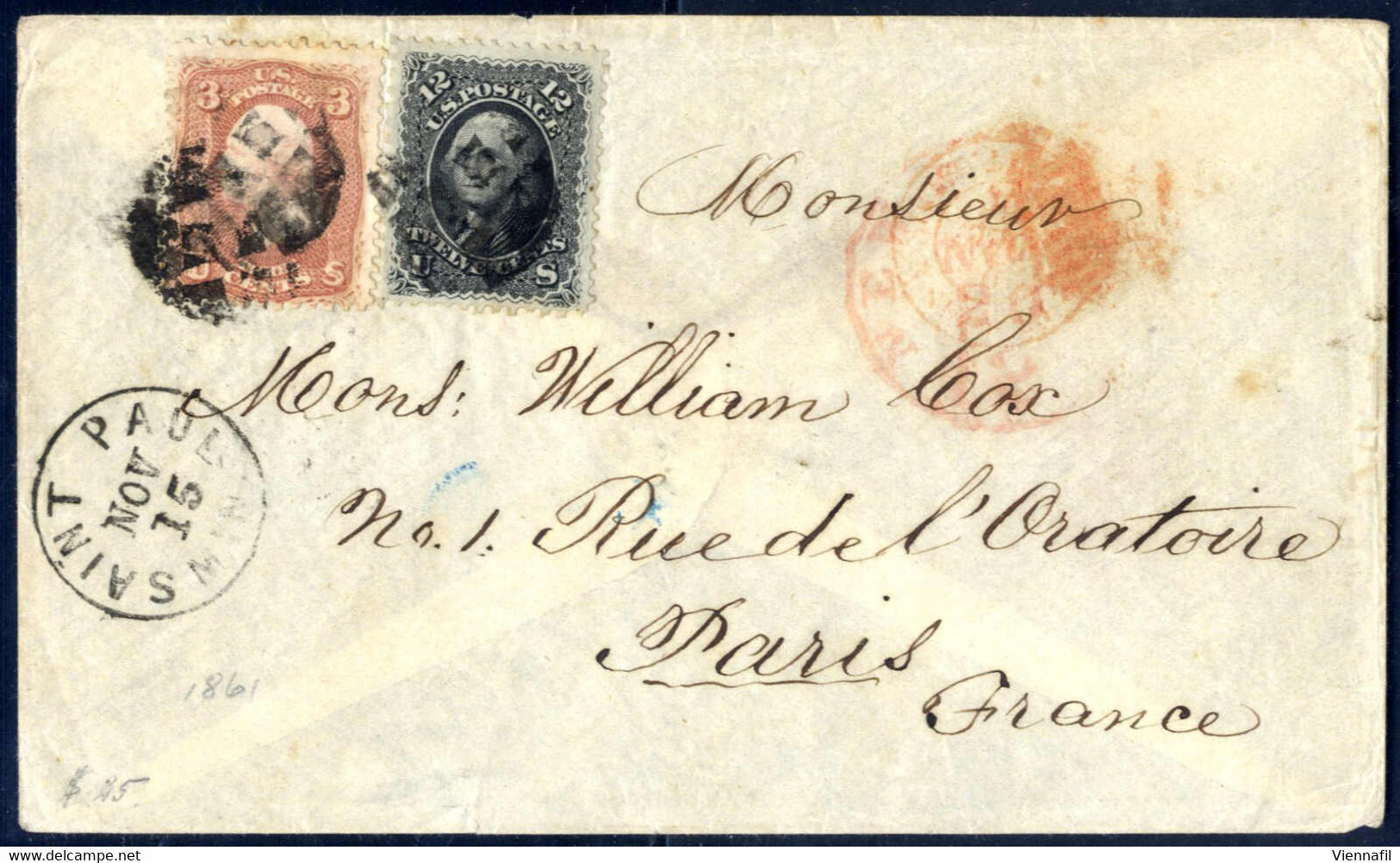 Cover 1861/66, Washington, 3 C. Braun Und 12 C. Schwarz Auf Brief Von Saint Paul Am 15.11. Nach Paris, Entwertet Durch K - Sri Lanka (Ceylon) (1948-...)