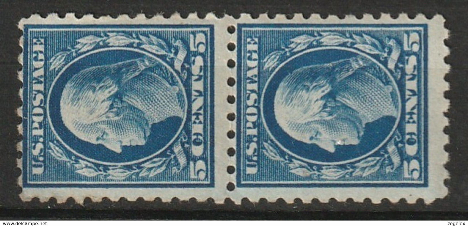 USA 1916-1917 5 Cts Coil Stamps. Unwmk, No Watermark Perf. 10. Strip Of 2. Never Hinged. See Description. Scott No. 466 - Unused Stamps