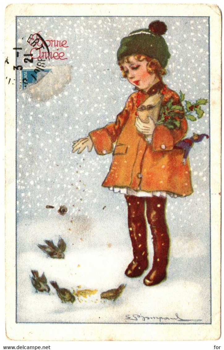 Illustrateur : S. Bompard : Bonne Année : Petite Fille Sous La Neige Donnant à Manger Aux Oiseaux - Bompard, S.