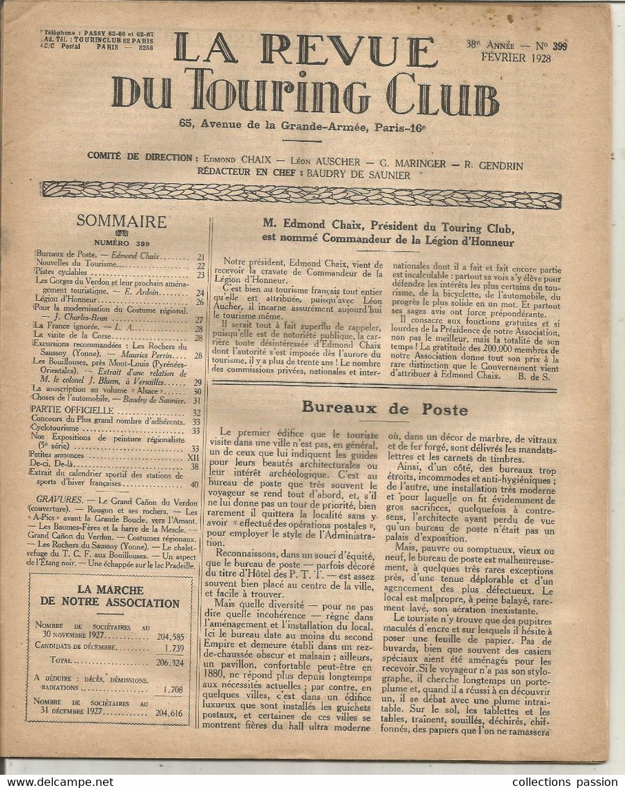 La Revue DuTOURING CLUB DE FRANCE, N° 399,  1928, 40 Pages, 4 Scans, Frais Fr 4.50 E - 1900 - 1949