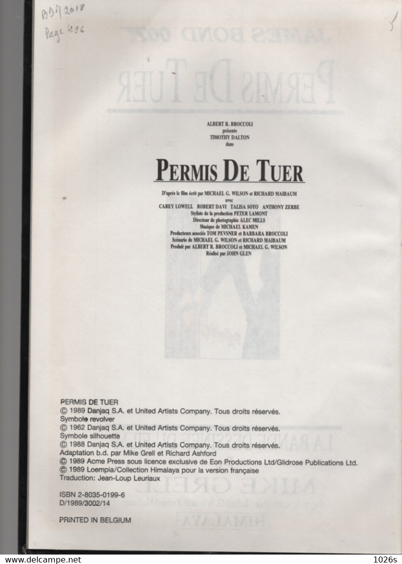 B.D.JAMES BOND 007 -  PERMIS DE TUER  -  E.O. 1989 - Percevan