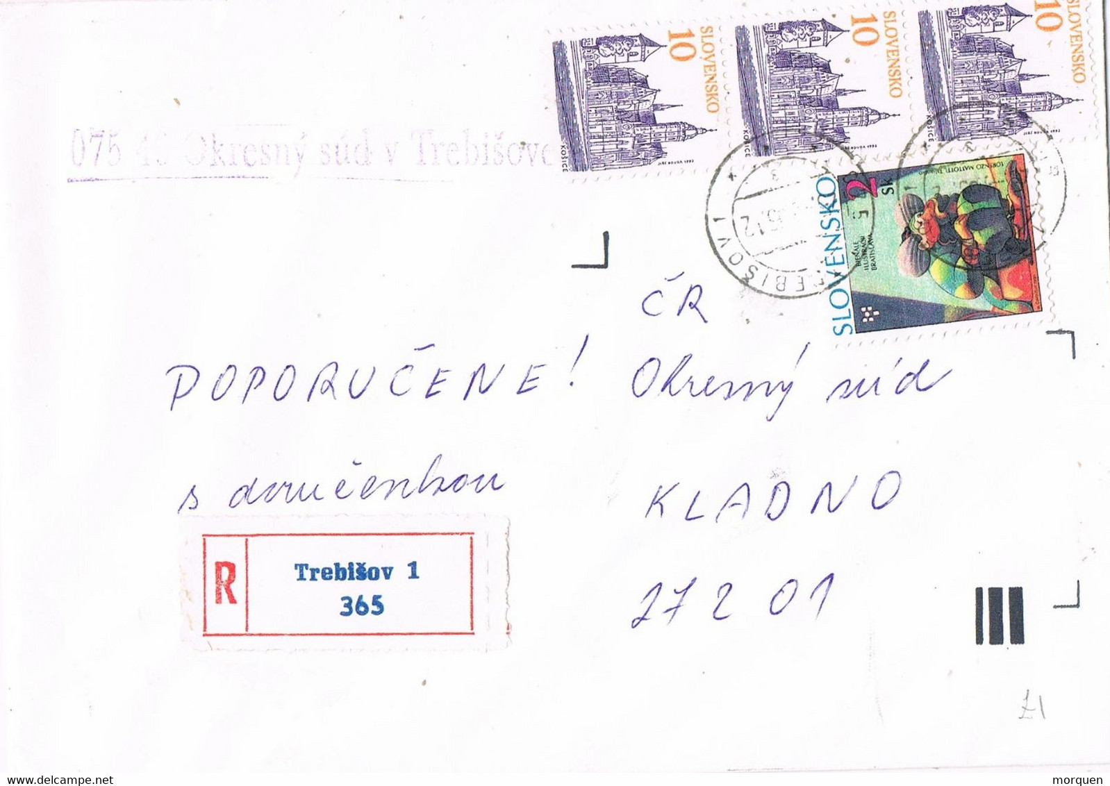 48963. Carta Certificada TREBISOV (Eslovaquia) 1995 To Kladno. Marca Tribunal De Distrito De Trebisove - Briefe U. Dokumente