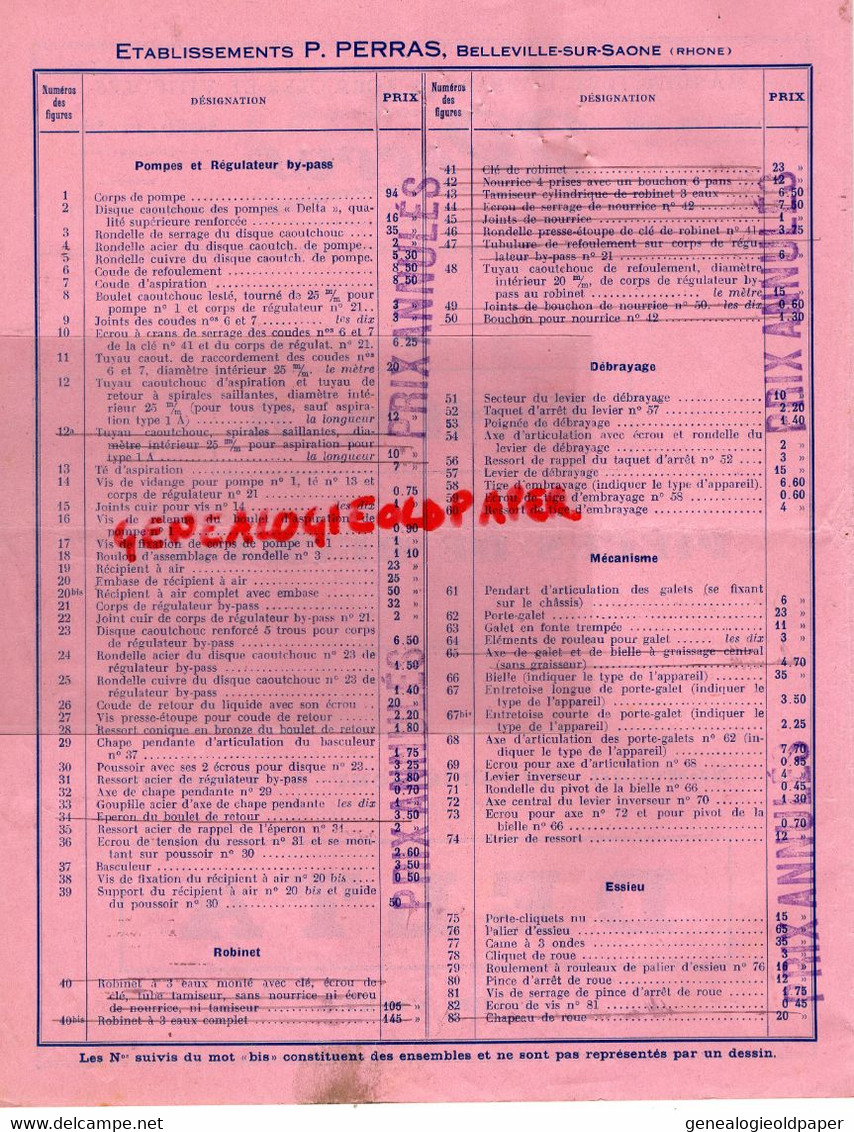 69- BELLEVILLE SUR SAONE- RARE TARIF N° 8- PIECES RECHANGE PULVERISATEUR  DELTA-IMPRIMERIE COHENDET LYON-AGRICULTURE - Landwirtschaft