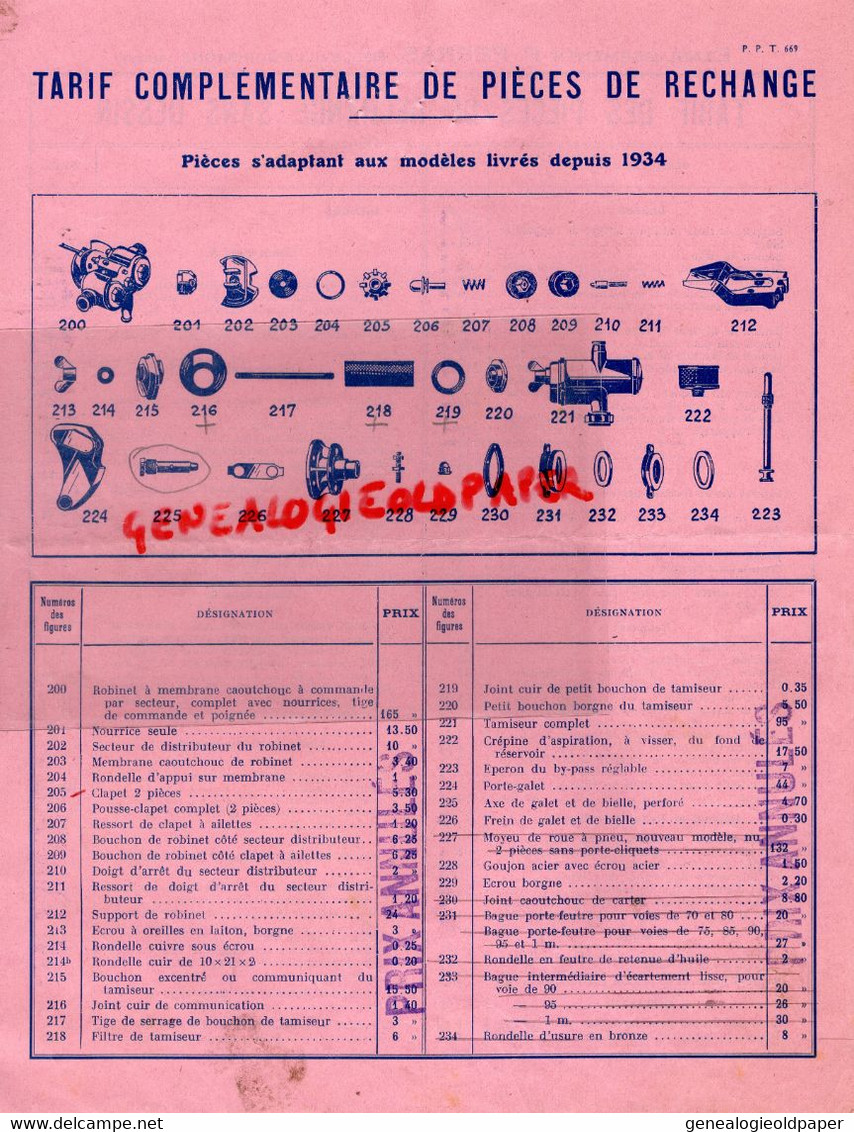 69- BELLEVILLE SUR SAONE- RARE TARIF N° 8- PIECES RECHANGE PULVERISATEUR  DELTA-IMPRIMERIE COHENDET LYON-AGRICULTURE - Landbouw