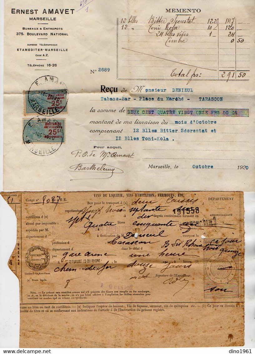 TB 4019 - 1920 - Bon Pour Le Transport & Timbres Fiscaux Sur Reçu - Mr Ernest AMAVET à MARSEILLE Pour TARASCON - Lettres & Documents