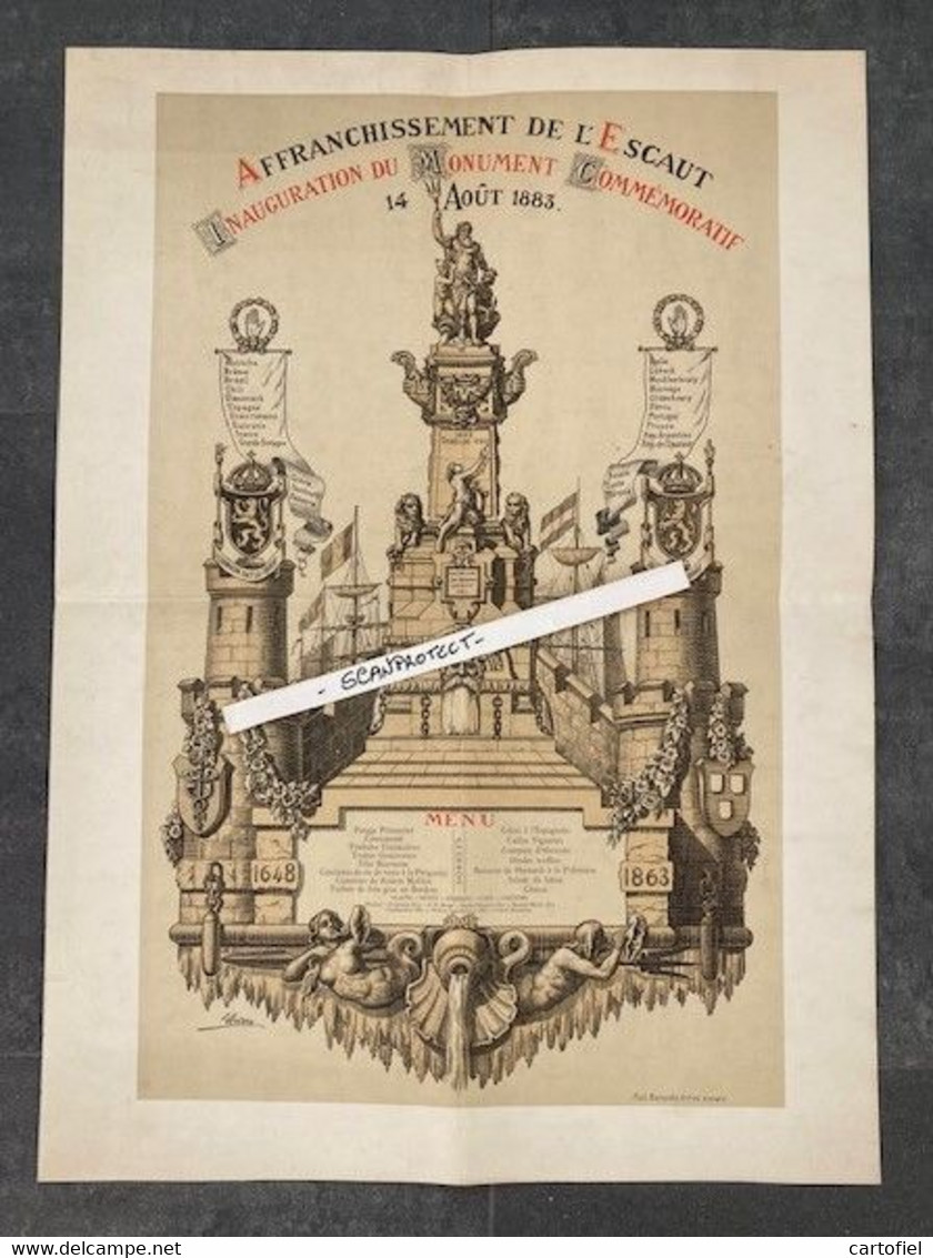 GRAND MENU-INAUGURATION-MONUMENT-SCHELDE-VRIJ-ANTWERPEN-1883-LITHOGRAPHIE-WINDERS-RATINCKX-FRERES-DIM+-38-53CM-TOP+RARE - Menus