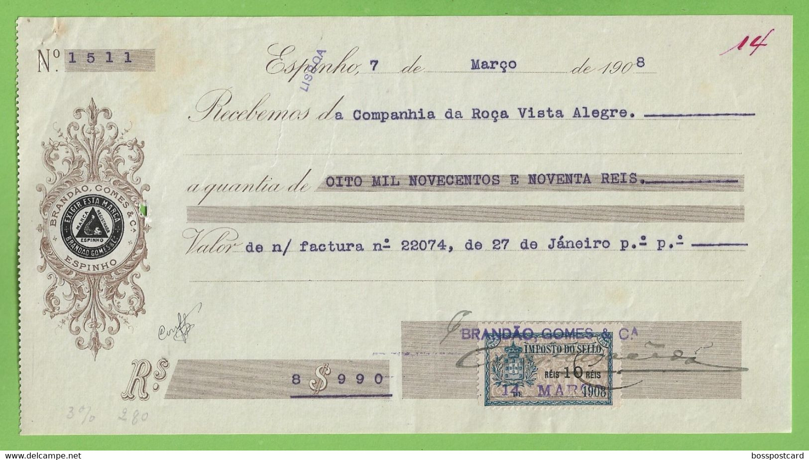 Espinho - Fábrica De Conservas De Sardinhas Brandão Gomes - Recibo De 1908 - Papéis De Valor - Portugal - Portugal