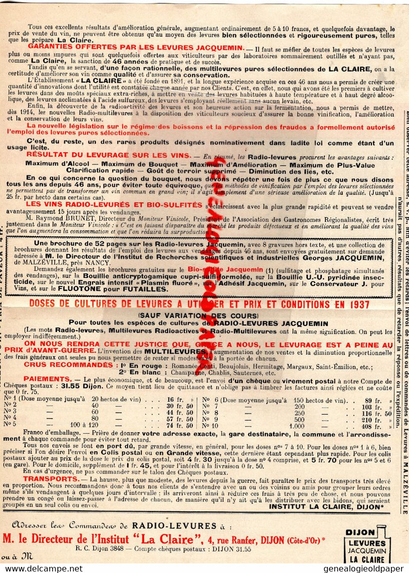 21- DIJON- MALZEVILLE NANCY-PUBLICITE MULTILEVURES JACQUEMIN-AGRICULTURE INSTITUT LA CLAIRE-LEVURES-CULTURE VIGNE VINS- - Agriculture