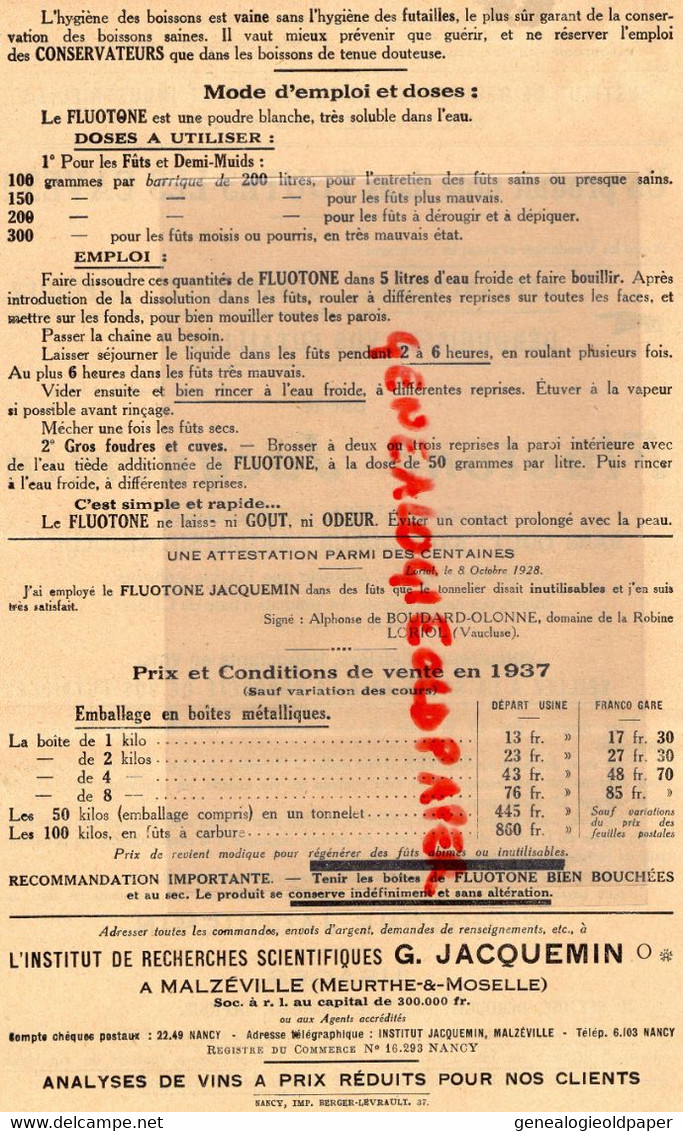 21- DIJON- MALZEVILLE NANCY-PUBLICITE JACQUEMIN-AGRICULTURE  FLUOTONE FORMULE G. GIMEL OENOLOGUE-CULTURE VIGNE VINS-1937 - Agriculture