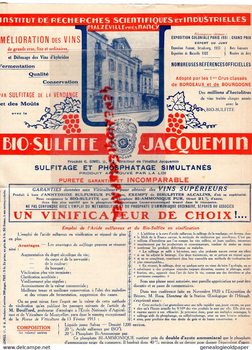 21- DIJON-MALZEVILLE NANCY-RARE PUBLICITE BIO SULFITE SULFITAGE PHOSPHATE JACQUEMIN-AGRICULTURE CULTURE VIGNE VINS -1934 - Landwirtschaft