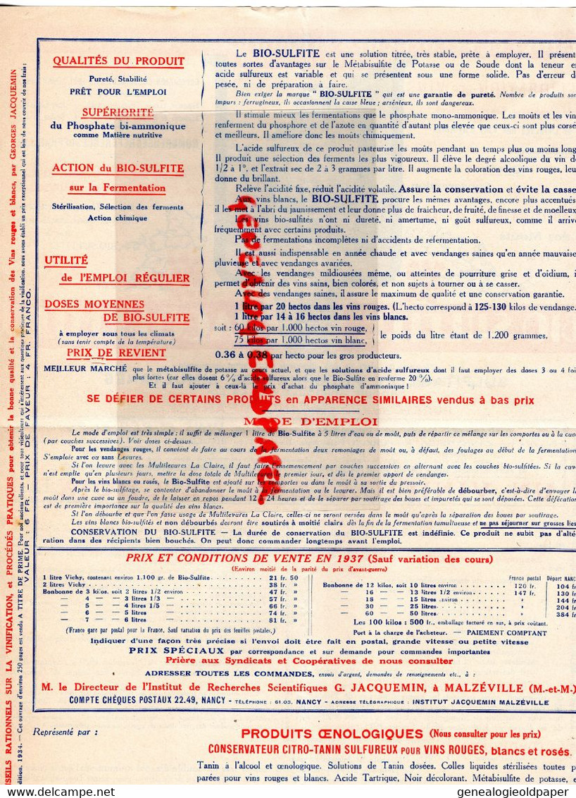 21- DIJON-MALZEVILLE NANCY-RARE PUBLICITE BIO SULFITE SULFITAGE PHOSPHATE JACQUEMIN-AGRICULTURE CULTURE VIGNE VINS -1934 - Agriculture