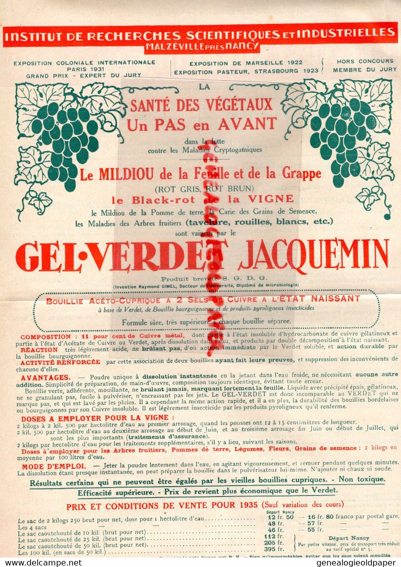 21- DIJON-MALZEVILLE NANCY-RARE PUBLICITE GEL VERDET JACQUEMIN-MILDIOU- CUIVRE AGRICULTURE CULTURE VIGNE VINS -1935 - Agriculture