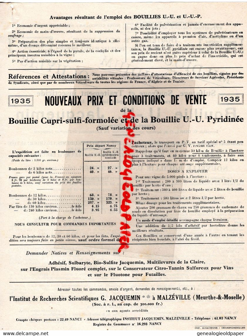 21- DIJON-MALZEVILLE NANCY-RARE PUBLICITE JACQUEMIN-MILDIOU- BOUILLIE-OIDIUM-COCHY  AGRICULTURE CULTURE VIGNE VINS -1935 - Agriculture