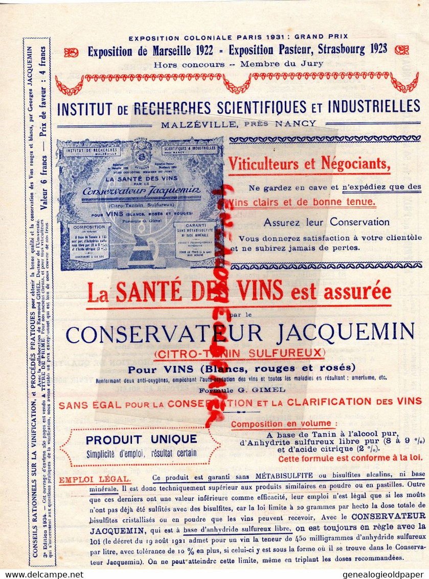 21- DIJON-MALZEVILLE NANCY-RARE PUBLICITE CONSERVATEUR JACQUEMIN-MILDIOU- GIMEL  AGRICULTURE CULTURE VIGNE VINS -1934 - Agriculture