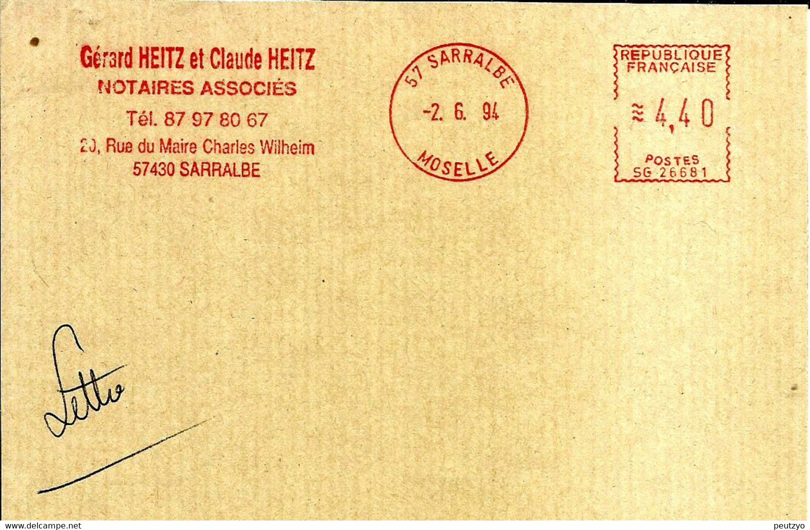 Lettre  EMA Satas Sg 1994  Heitz  Gerard Claude Notaire  Metier  57 Sarralbe   A88/9 - Autres & Non Classés
