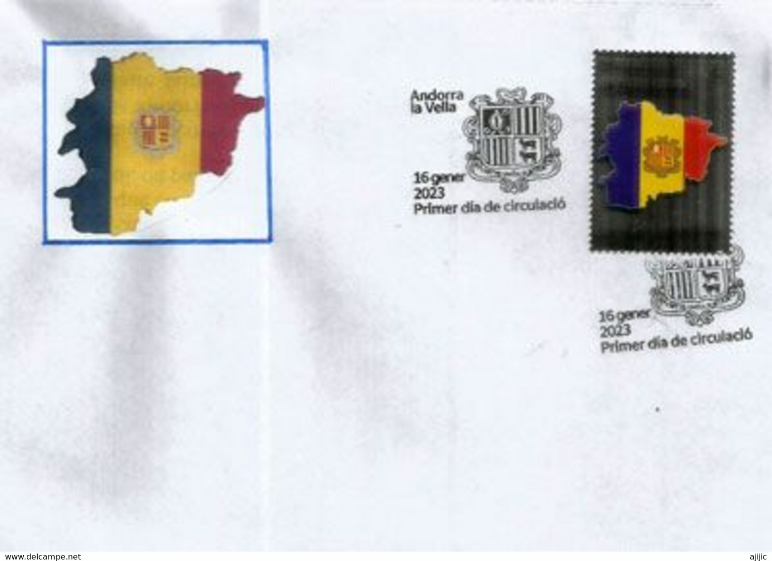 ANDORRA. Bandera Y Escudo / Drapeau & Blason, 2023, FDC / Sobre Primer Dia. AND.ESP - Storia Postale