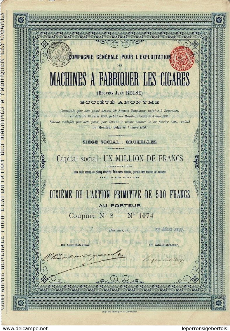 Titre De 1897 - Compagnie Générale Pour L'Exploitation Des Machines à Fabriquer Les Cigares - Brevets Jean Reuse - - Industrie