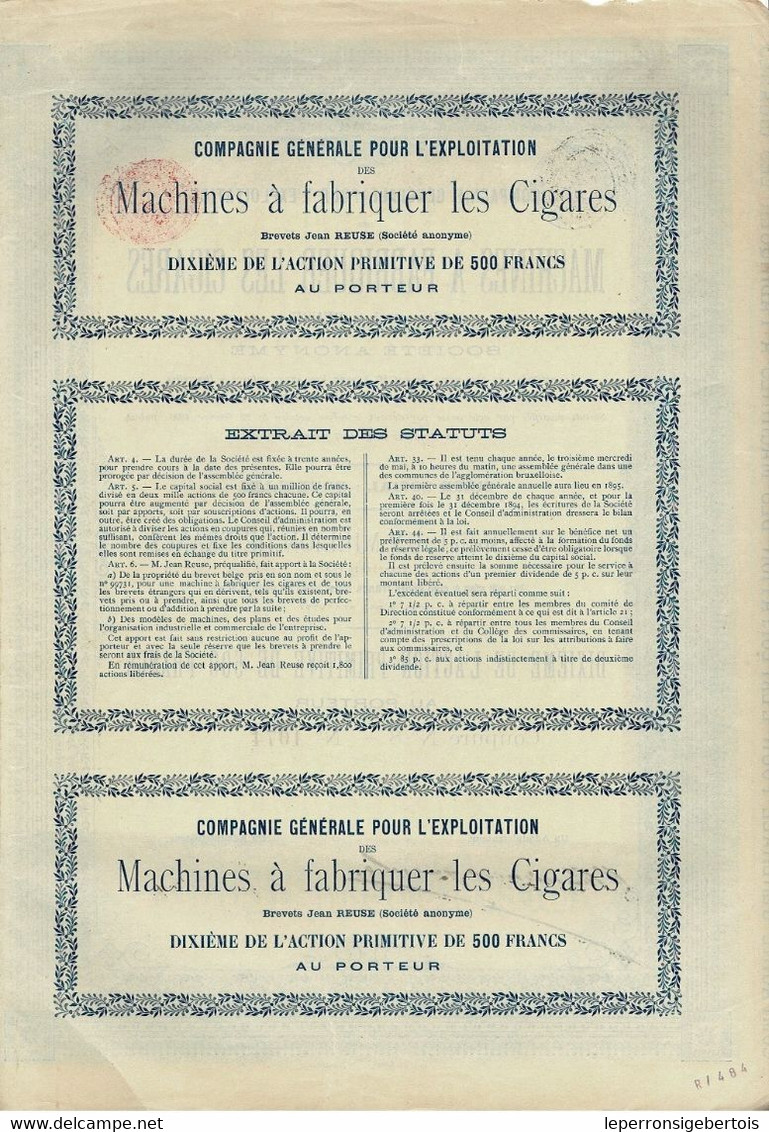 Titre De 1897 - Compagnie Générale Pour L'Exploitation Des Machines à Fabriquer Les Cigares - Brevets Jean Reuse - - Industrie