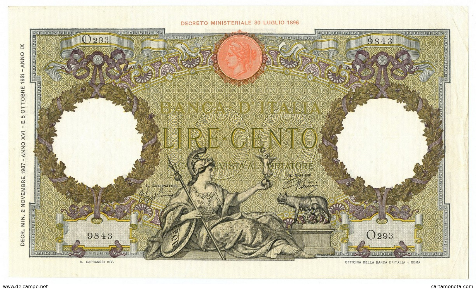 100 LIRE CAPRANESI AQUILA ROMANA TESTINA FASCIO ROMA 02/11/1937 BB+ - Regno D'Italia – Autres