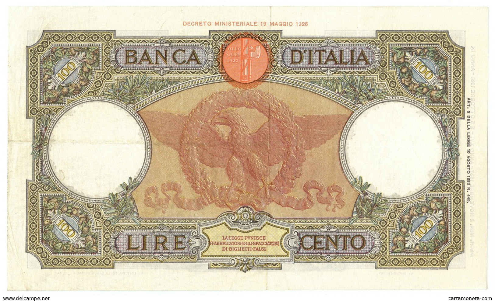 100 LIRE CAPRANESI AQUILA ROMANA TESTINA FASCIO ROMA 02/11/1937 BB+ - Regno D'Italia – Other