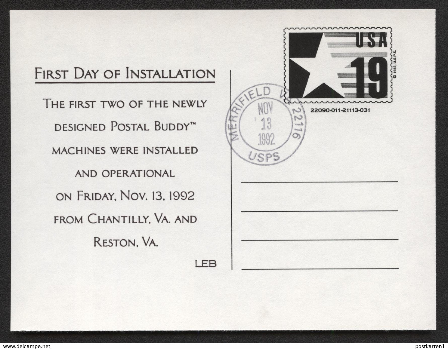 CVUX3 Postal Card Postal Buddy Type B FDC LEB Merrifield VA 1992 - 1981-00