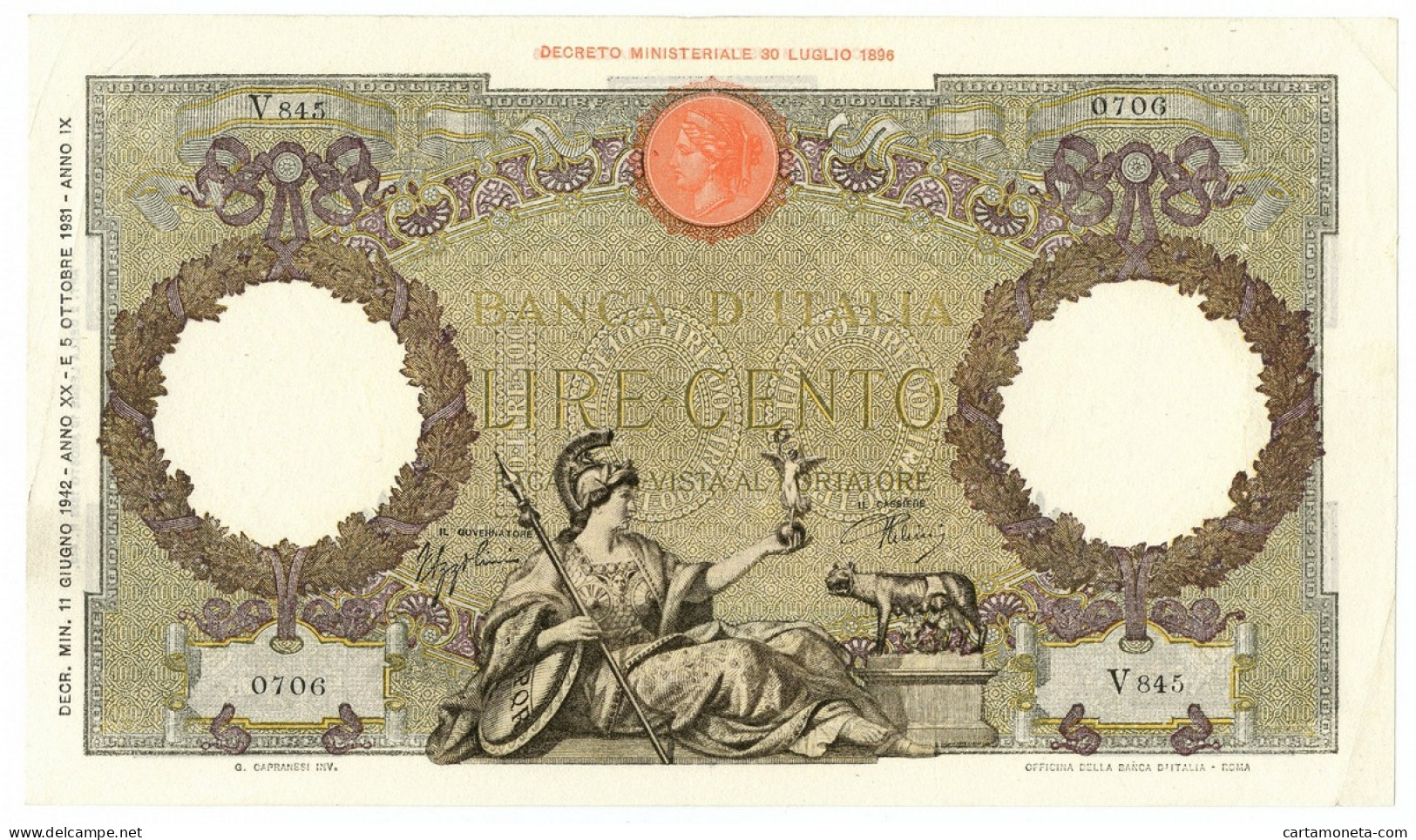 100 LIRE CAPRANESI AQUILA ROMANA FASCIO ROMA (L'AQUILA) 11/06/1942 BB+ - Regno D'Italia – Other