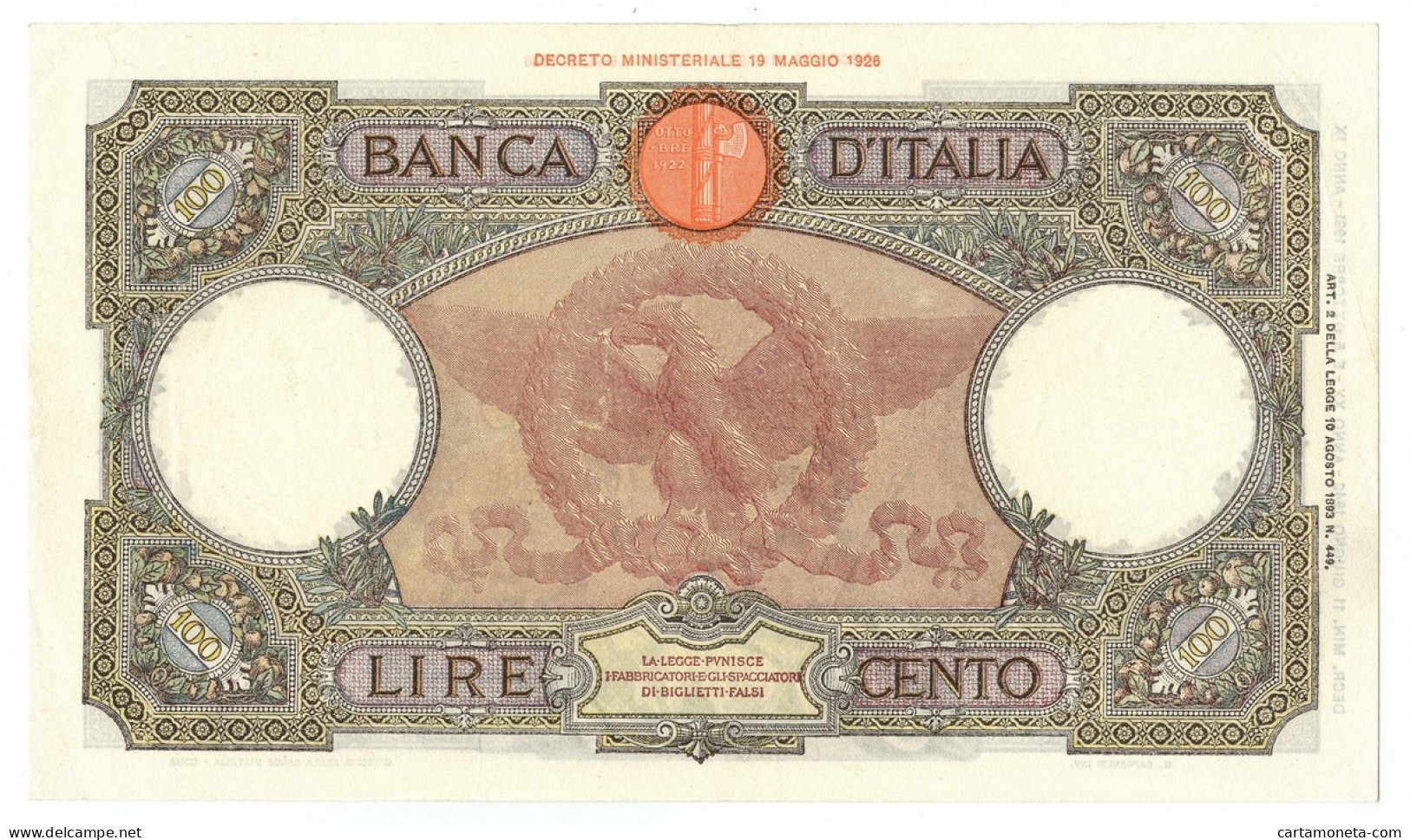 100 LIRE CAPRANESI AQUILA ROMANA FASCIO ROMA (L'AQUILA) 11/06/1942 BB+ - Regno D'Italia – Autres