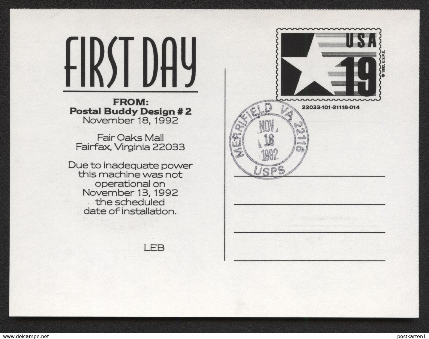 CVUX3 Postal Card Postal Buddy Type B FDC LEB Merrifield VA 1992 - 1981-00