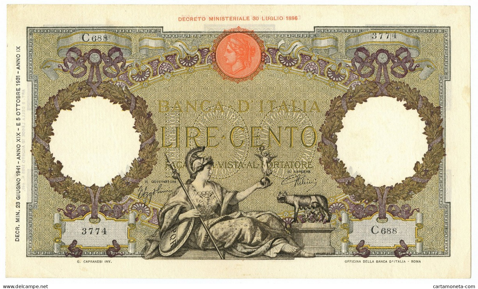 100 LIRE CAPRANESI AQUILA ROMANA TESTINA FASCIO ROMA 23/06/1941 BB/SPL - Regno D'Italia – Autres