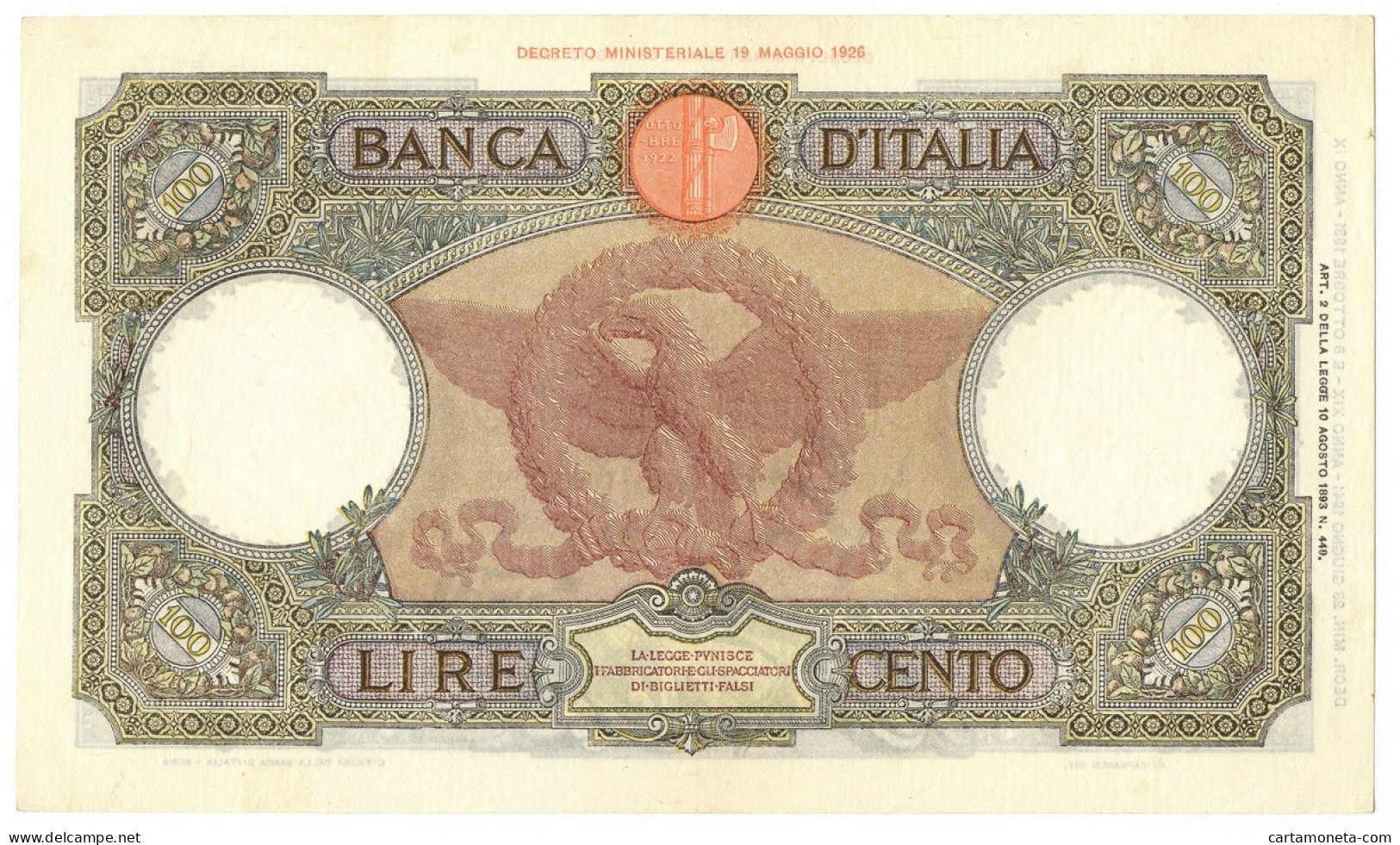 100 LIRE CAPRANESI AQUILA ROMANA TESTINA FASCIO ROMA 23/06/1941 BB/SPL - Regno D'Italia – Autres